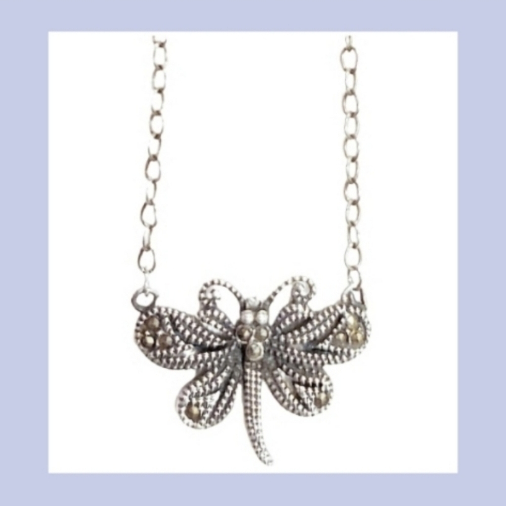 Dragonfly 925 Sterling Silver Marcasite Signed Necklace